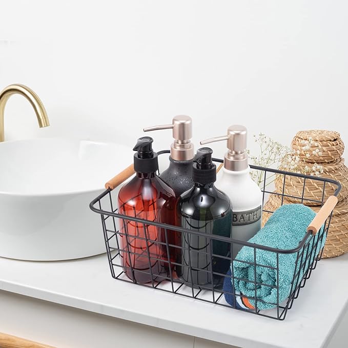 Wire Basket 4 Pcs Wire Storage Baskets Wire Baskets Organizing with Wooden Handles Wire Basket Pantry Organization and Storage Metal Wire Food Storage Basket for Kitchen, Cabinets (Black 4PCS)