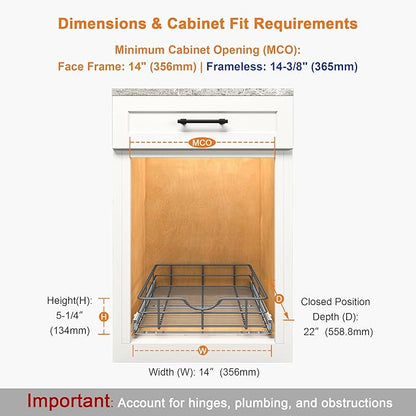 ALINE FURNITURE Pull Out Shelves - 14" W x 22" D Soft Close Pull Out Cabinet Organizer 1 Tier - Slide Out Drawers with Shelf Liner, Heavy Duty Steel Wire Baskets for Kitchen Cabinets, Pantry, Bathroom