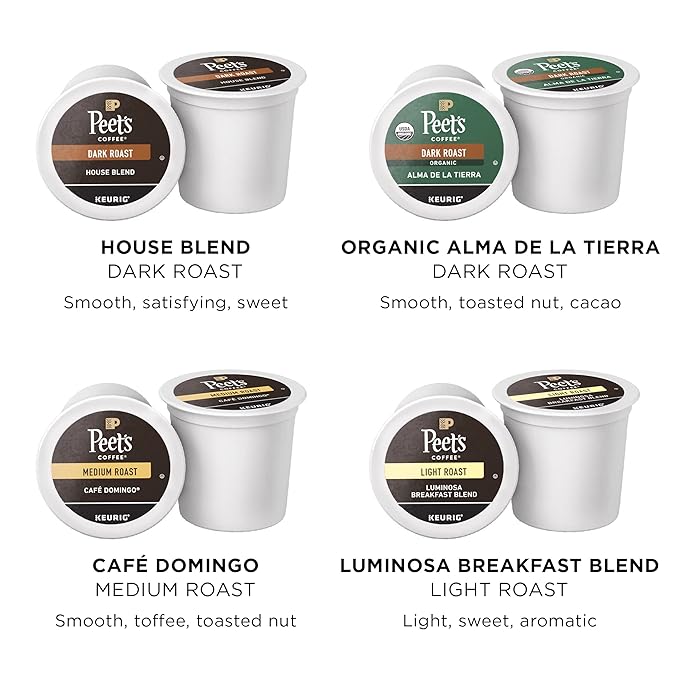 Peet's Coffee, Keurig K-Cup Pods Variety Pack - Luminosa Breakfast Blend, Café Domingo, Organic Alma De La Tierra, House Blend, 40 Count (4 Boxes of 10 Pods)