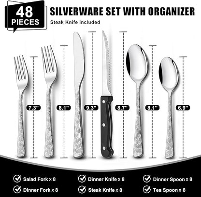49-Piece Silverware Set with Organizer, Food-Grade Stainless Steel Flatware