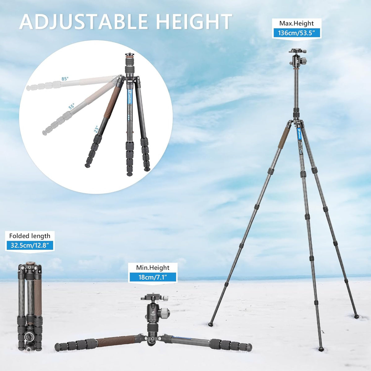 Lightweight Carbon Fiber Reverse Folding Travel Tripod with Ball Head, Removable Center Column, Folded Height 36cm, Maximum Load 6KG（LX-225CT+XB-32Q）
