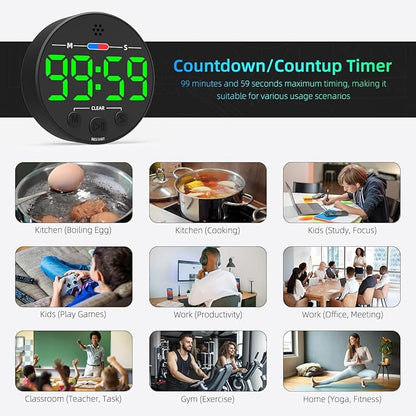 Large LED Digital Timer, Magnetic Countdown Loud Timer for Kitchen Cooking, Classroom Whiteboard, Kids, Toddler, Game, Productivity, Focus, Work, Task, Office, Meeting – Small, Simple, Visual, Green