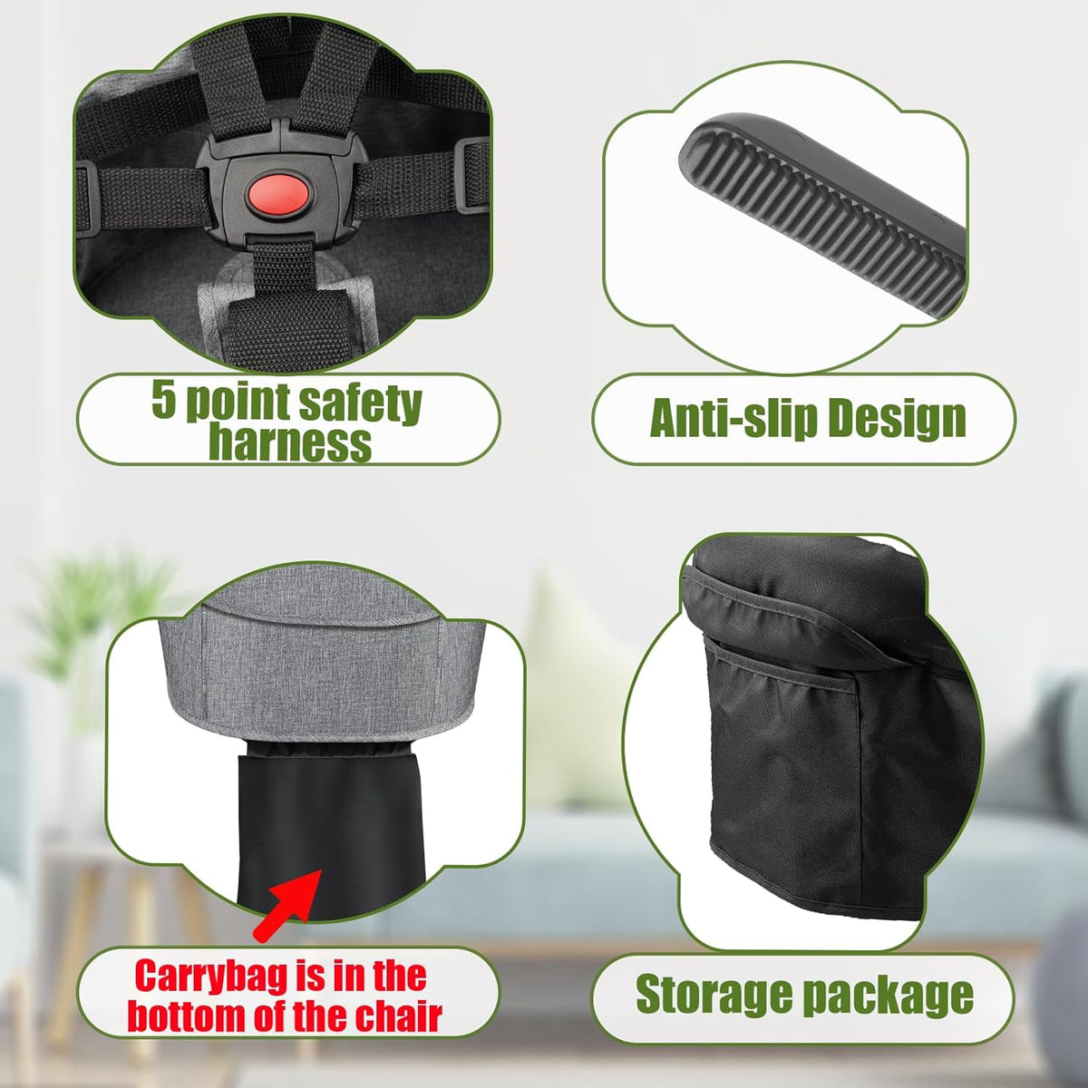 Hook On Chair,Folding Fast Table Chair with Storage Bag,Clip On Portable Highchair for Baby Attaches to Table,Baby Toddler Feeding Seat,Washable&for Home and Travel,with 5 Point Safety Harness.