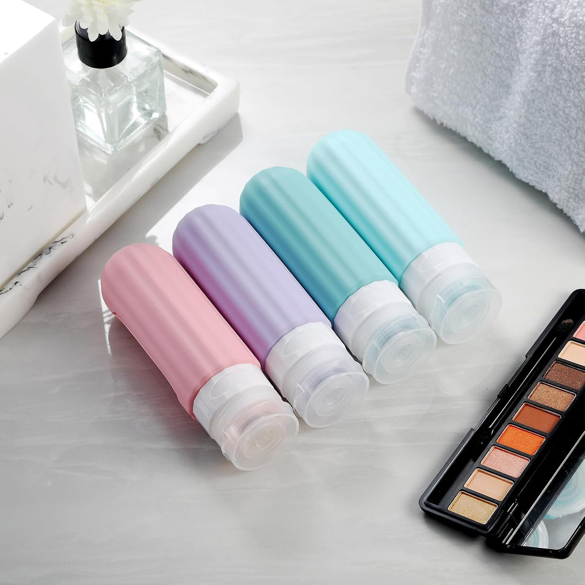 Travel Bottles for Toiletries, TSA Carry On Approved Toiletries Containers, 3 Ounce Leak Proof Squeezable Silicone Tubes, Refillable Accessories Shampoo Body Wash Liquids (4 Pack), Pink