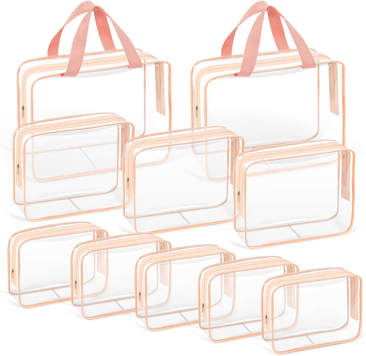 TISRATOK 10 PCS Clear Travel Makeup Toiletry Bag, Plastic PVC Cosmetic TSA Approved Organizer Kit with Zipper Handbag（Pink）