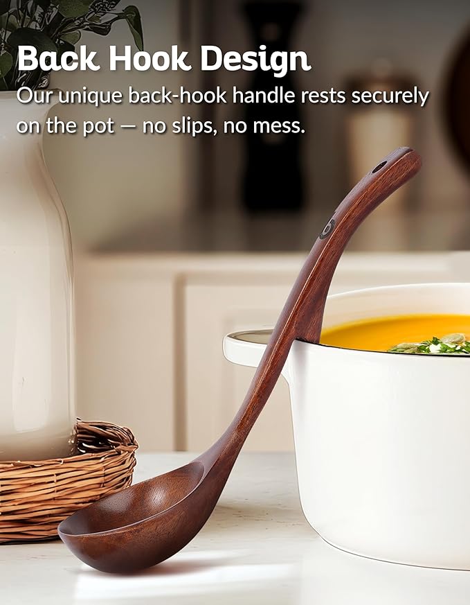 Soup Spoons - Luxury Teak Wood Ladle Set of 3 – Chef-Grade, Eco-Friendly Wooden Cooking Utensils with Reinforced Neck Joint & Anti-Slip Notch Handle – Multi-Size, Gift-Ready Ladle Spoons Set