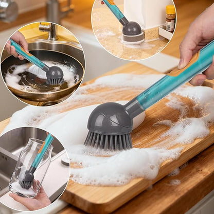 Soap Dispensing Dish Brush Storage Set with 360° Rotating Head, Kitchen Brush with 2 PCS Different Brush Heads & 3 PCS Sponges, Dish Brush Set with Handle for Dishes, Sink, Pans, Pots