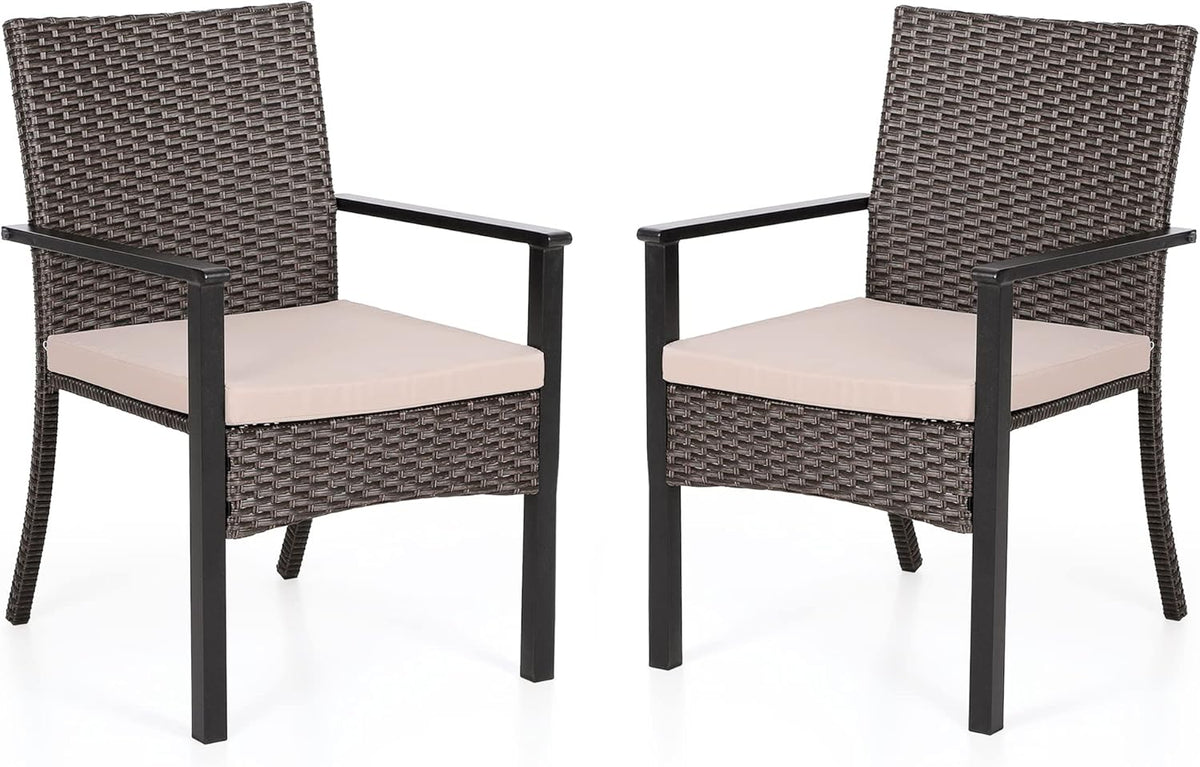 PHI VILLA Outdoor Wicker Chairs Set of 2, Rattan Covered Metal Armchairs with Removable Cushion, Heavy Duty Furniture Set for Patio, Deck, Porch, Yard