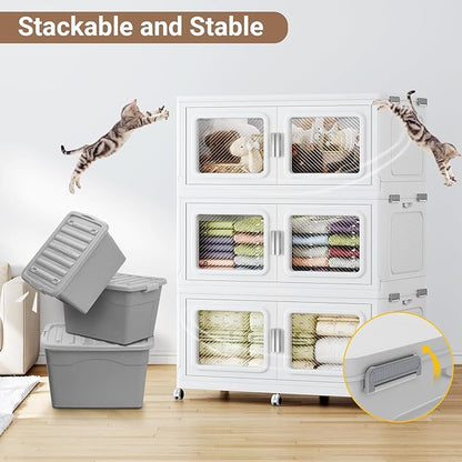 BROVIEW 1200 Qt Stackable Storage Bin with Lid, 300Gal Extra Large Collapsible Storage Boxes, Folding Plastic Drawer, Heavy-Duty Store Cabinet, Closet Organizer for Home Kitchen, 4 Pack White