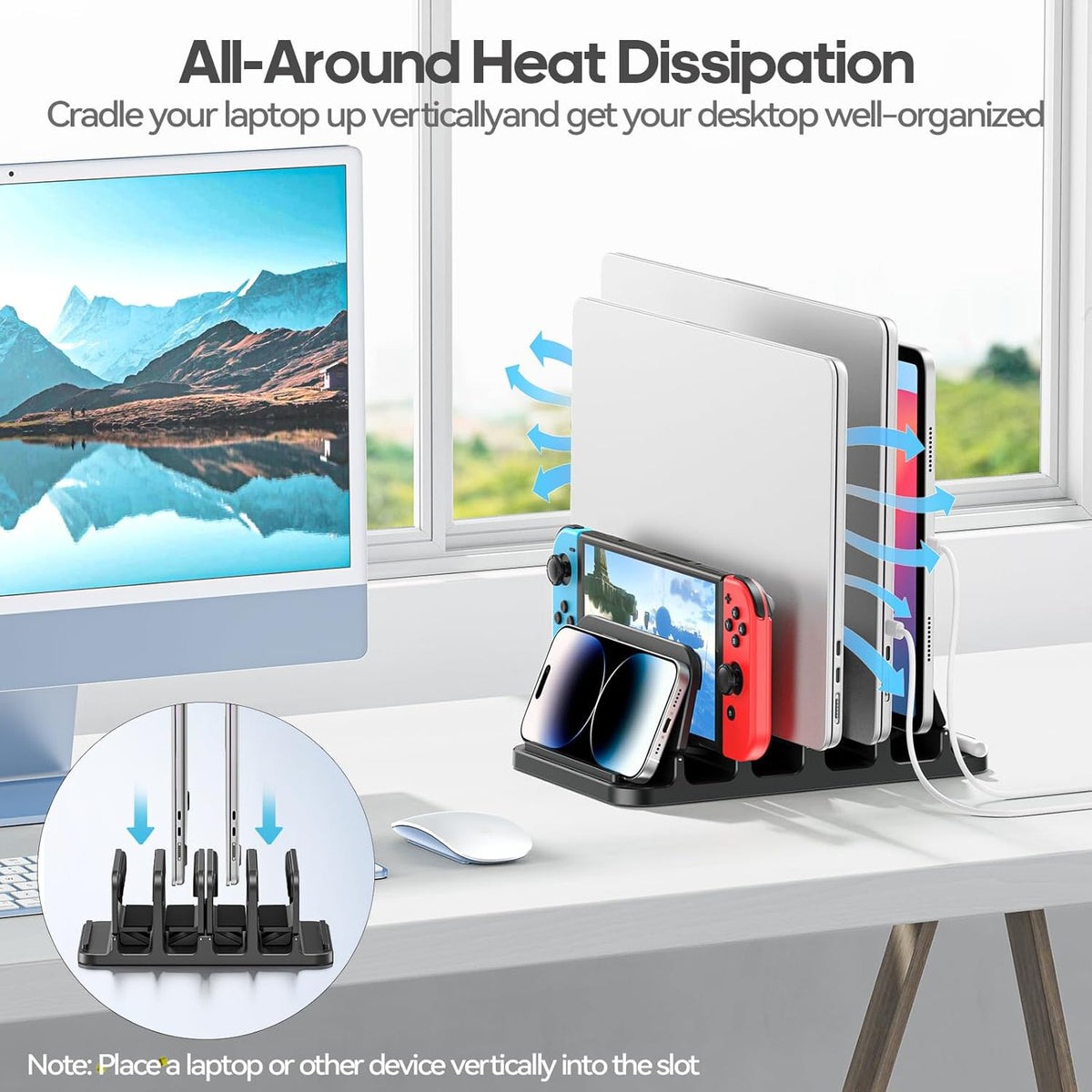 KDD 4-Slot Vertical Laptop Stand with Gravity Locking, 6-in-1 Laptop Holder Desktop Stand, Space-Saving Organizer Fits MacBook/Surface/HP/Dell/Book/Tablet/Switch/Cell Phone and Keyboard