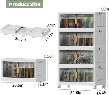 100Gal Stackable Plastic Storage Bins with Lids, Collapsible Closet Organizers and Storage with Wheels for Living Room,Office,Dorm, 30.5" W x 14.6" D x 60" H, 4 Tier
