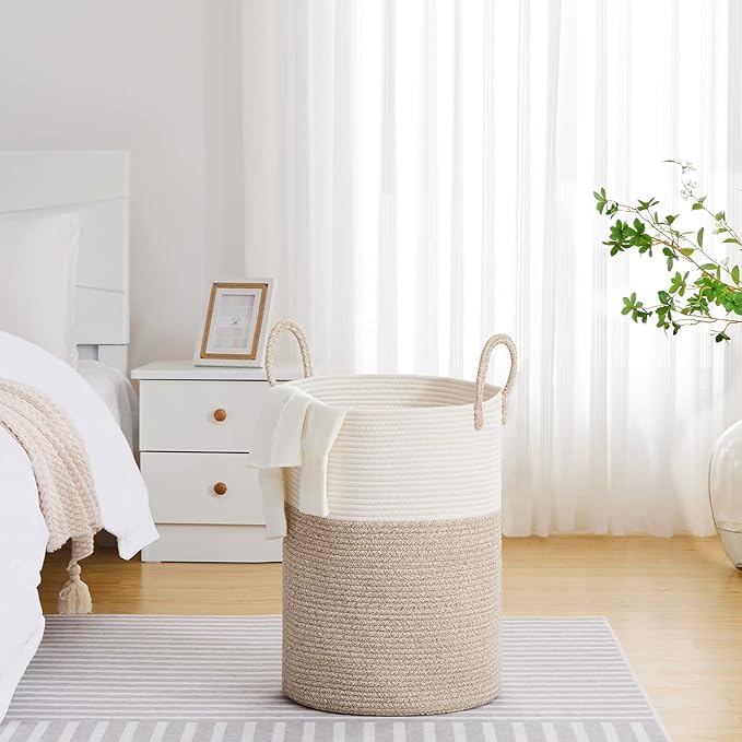VIPOSCO Large Laundry Hamper, Tall Woven Rope Storage Basket for Blanket, Toys, Dirty Clothes in Living Room, Bathroom, Bedroom - 72L White & Brown