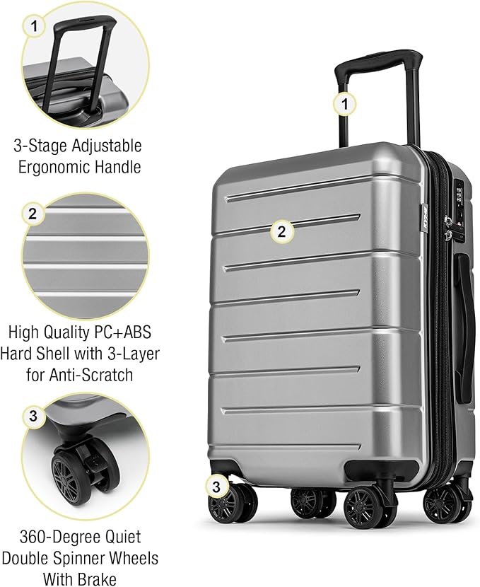 KYME Hardside Expandable Carry On Luggage 22x14x9 Airline Approved 20 Inch Hardshell Carry On Suitcase with Wheels TSA Lock Small Travel Rolling Luggage with Cup Holder for Women Men Silver