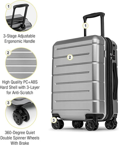 KYME Hardside Expandable Carry On Luggage 22x14x9 Airline Approved 20 Inch Hardshell Carry On Suitcase with Wheels TSA Lock Small Travel Rolling Luggage with Cup Holder for Women Men Silver