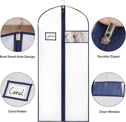 Syeeiex 60'' Garment Bags for Hanging Clothes, Set of 8 Dress Bags for Gowns, Dress Garment Bags for Gowns,Evening Dresses,Fur Coat,Long Dress(White & Dark Blue)