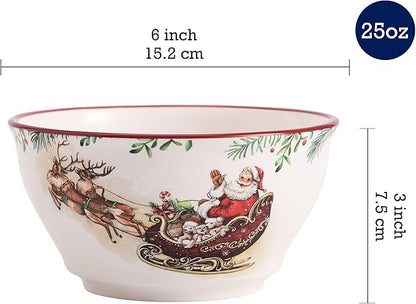 Bico Santa On The Way Cereal Bowls Set of 4, 25 oz Deep Ceramic Soup Bowls for Cereal, Salad, Noodles, Kitchen, Microwave and Dishwasher Safe, Gift for Housewarming and Christmas