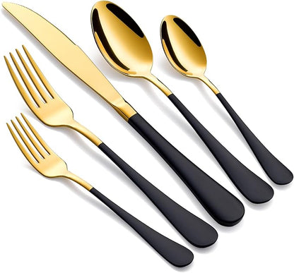 20-Piece Gold Silverware Set 18/0 Stainless Steel Flatware Black Handle Cutlery Set Service for 4 Dinner Knives Forks Spoons Set Mirror Finish Dishwasher Safe