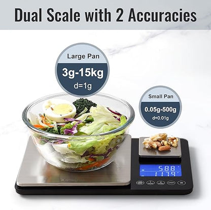 KitchenTour Dual Platform Digital Kitchen Scale with Total Weight Function - 500g/0.1g & 15kg/1g - Accurate for Cooking and Baking Black