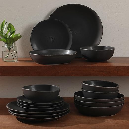 Gibson Elite Zion Mist 16 Piece Stoneware Reactive Glaze (Service for 4) Ceramic Plates and Bowls Modern Organic Dinnerware Set - Black