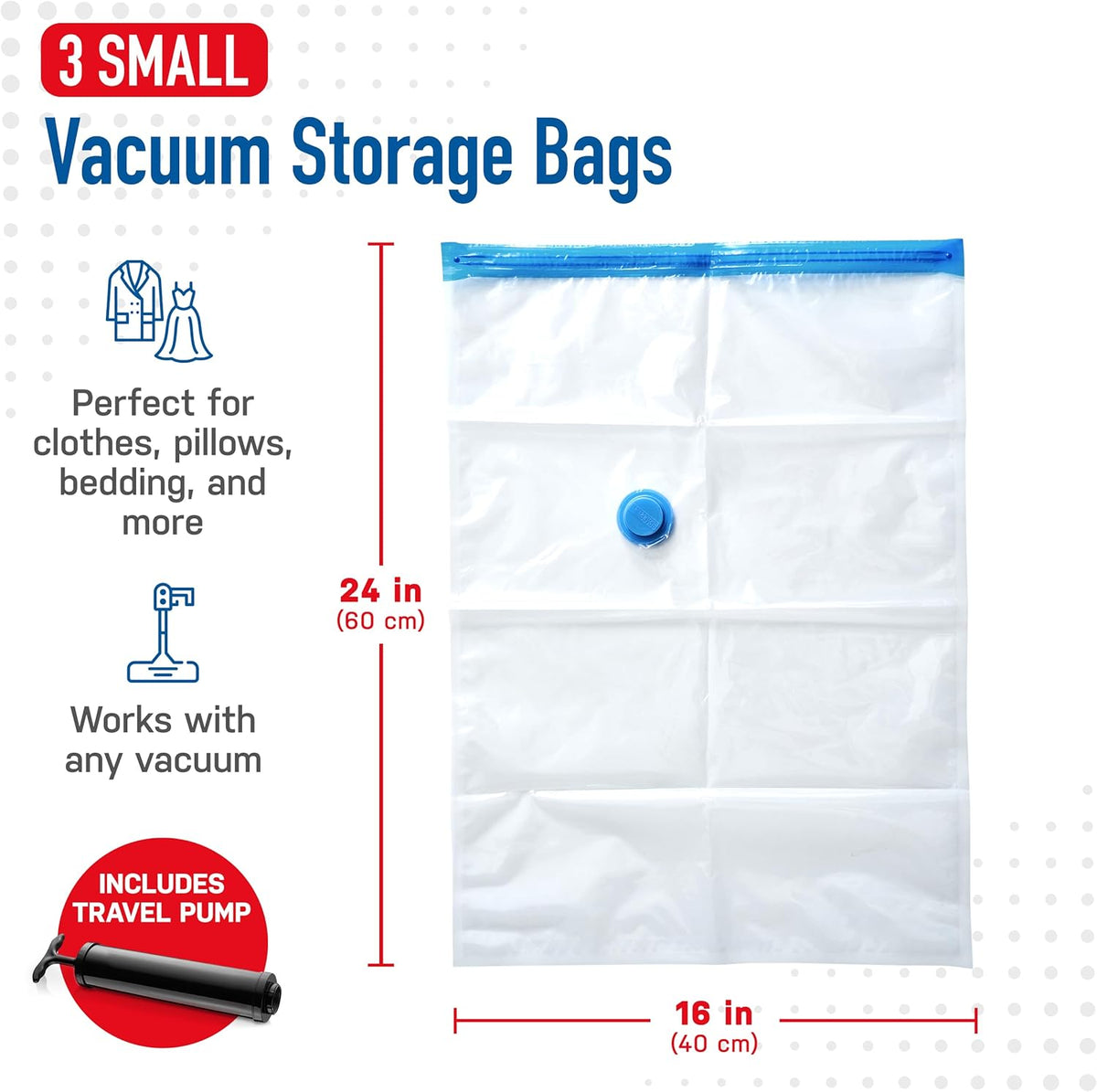 3 Pack Small Vacuum Storage Bags for Comforters, Blankets & Clothes – Vacuum Sealed Compression Bags with Hand Pump – Space Saver Storage Bags for Bedding, Moving, Travel & Organization