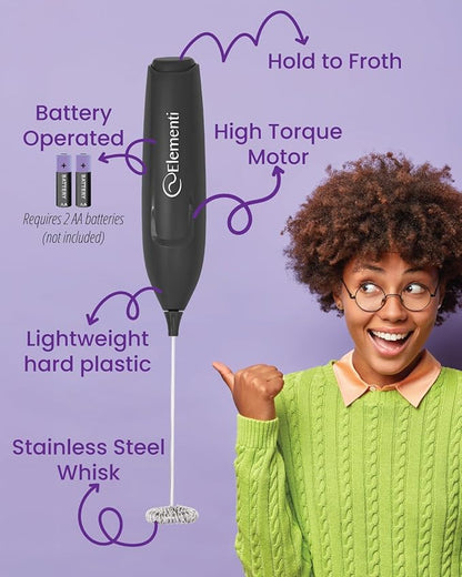 Elementi Powerful Frother Wand – Lightweight Milk Frother & Drink Mixer Handheld, Matcha Whisk for Dreamy Lattes, Powerful Coffee Mixer Wand & Blender Stirrer - Make Creamy Cappuccinos at Home (Black)