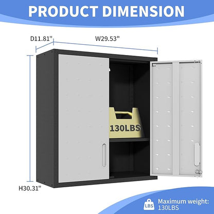 Garage Wall Mounted Storage Cabinet with Doors and Shelves, Lockable Metal Wall Cabinet, Hanging Tool Cabinet for Garage Utility Room (Black & Grey)