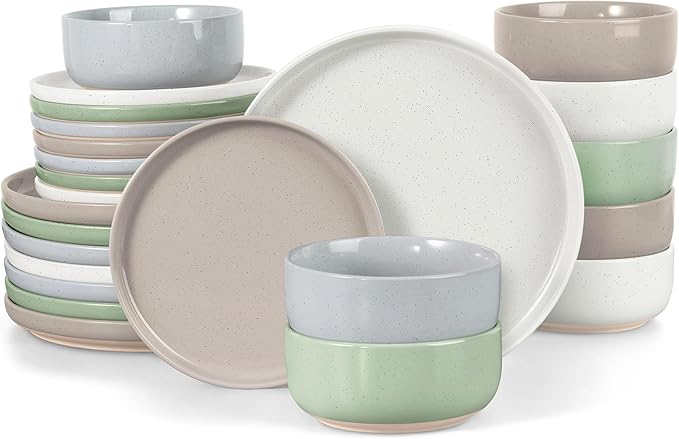LIANYU Dinnerware Plates and Bowls Set for 8, 24PCS Speckled Dinnerware Set for Soup, Salad, Food Grade Clay Stoneware Dishes, Scratch Resistant, Stackable Design, Assorted Colors
