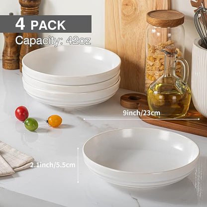 HAPPY KIT Stoneware 9'' Pasta Bowls, 42 Oz Large Salad Bowls Set of 4, Serving Bowls Perfect for Dessert, Soup, Fruit, Noodle, Granite White