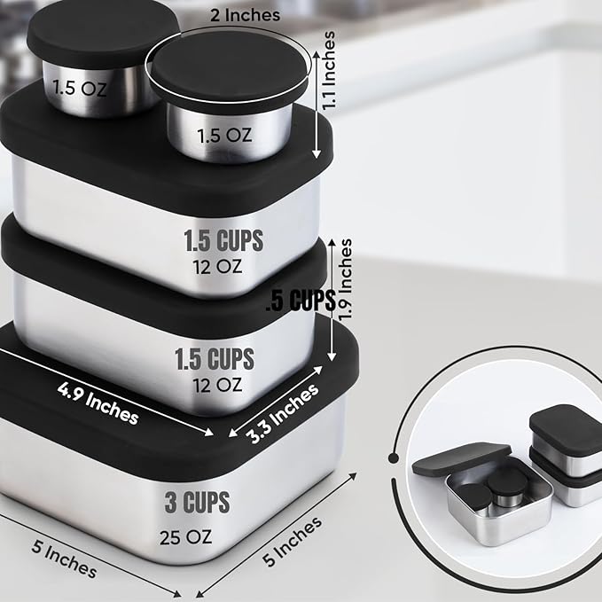 Flexibento - Leak proof Stainless Steel Bento Box | Stainless steel Snack Containers | Food Containers with Silicone Lids | Metal Food Containers| Bentobox - Black, 52 Oz Set (set of 5)