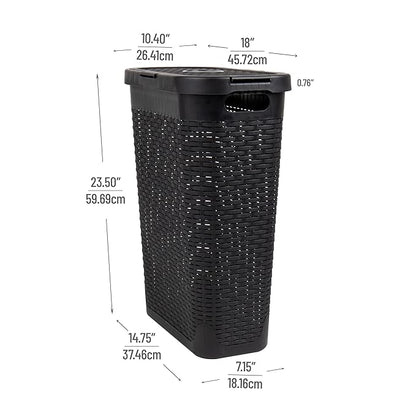 Mind Reader Slim Laundry Hamper with Lid, 40L Clothes Basket, Premium Wicker Design, Plastic, Set of 2, Black