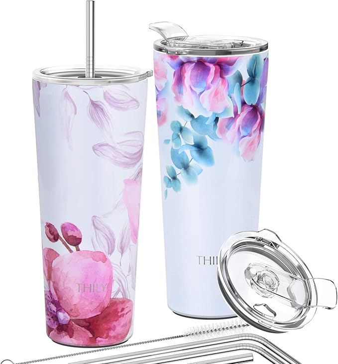 THILY Stainless Steel Vacuum Insulated Tumbler 26 oz Triple-Insulated Travel Mug with Splash-Proof Lid, for Iced Coffee and Hot Beverage, Pink Lilies + Lotus Flower