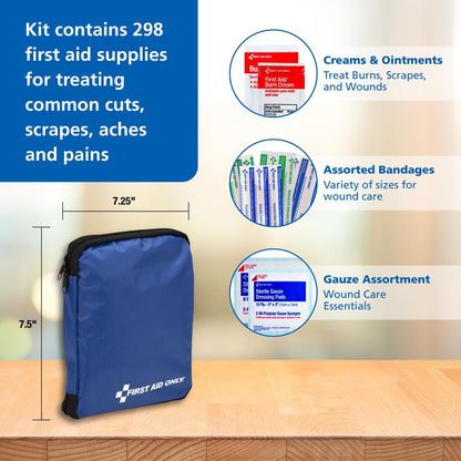 First Aid Only 299 Piece All-Purpose Emergency First Aid Kit for Home, Office, Car, Apartment, Dorm, and Camping, Travel-Friendly Compact Pouch Fits in Backpacks, Suitcases, Cabinets, and Drawers