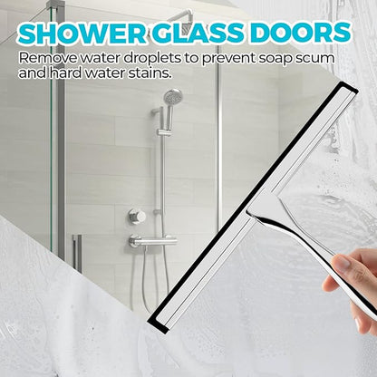 2PACK Shower Squeegee for Glass Doors, Squeegee for Shower Glass，All-Purpose Tile Walls, Bathroom, Window, Glass and Car Windshield, Mirrors and Kitchen-Stainless Steel, 10 Inches, Silver