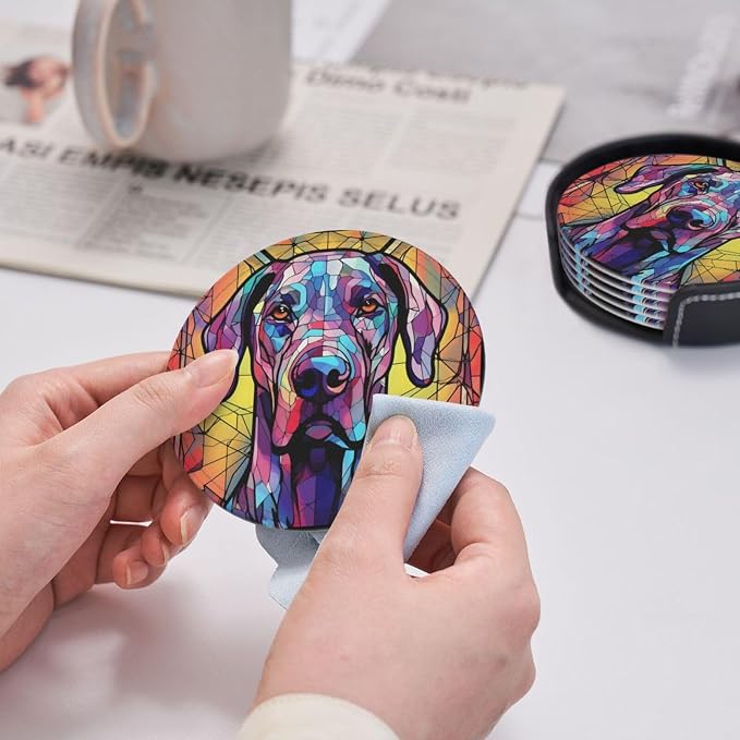 Great Dane Stained Dog Breed Glass Art Leather Drinks Coasters