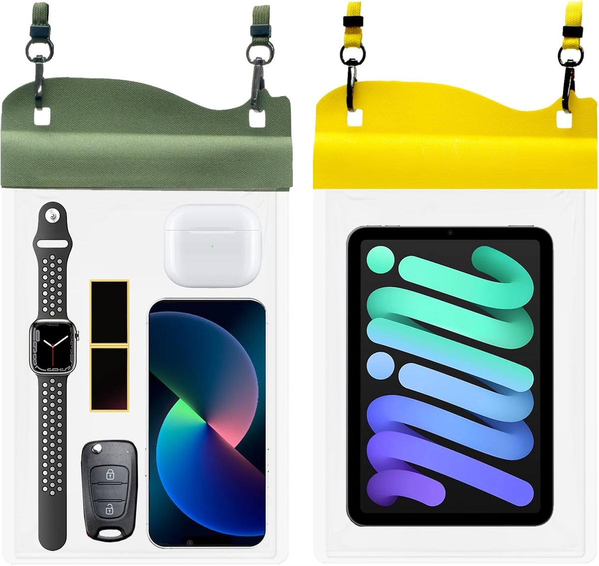 Large Watperproof Pouch 2 Pack [Up to 11.3"], IPX8 Waterproof Cell Phone Case Dry Bag Pouch Compatible with iPhone 14 13 12 Pro Max, Galaxy S23 Ultra S22 or iPad mini, Army Green+Yellow