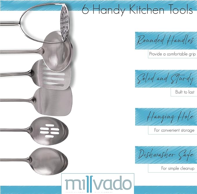 Stainless Steel Kitchen Utensil Set, Cooking Utensils, Set of 6 Kitchen Tools, Solid Spoon, Slotted Spoon, Solid Turner, Slotted Turner, Soup Ladle, Potato Masher, Dishwasher Safe