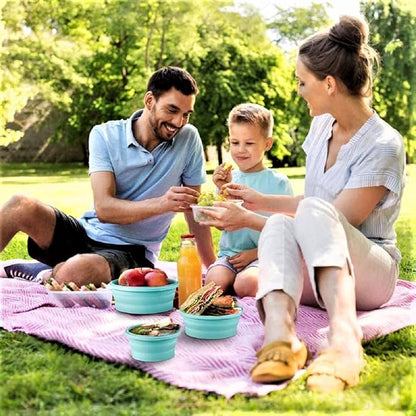 Collapsible Bowls For Camping, Set of 4 Silicone Food Storage Containers with Lids, Rv storage and organization, Rv Kitchen Accessories, BPA Free, Microwavable, Freezer, Dishwasher Safe (Round-Blue)