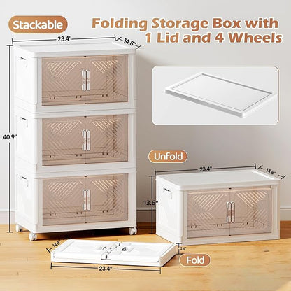 Storage Bins with Lid 76QT, Stackable Storage Containers with Wheels and Magnetic Doors, Plastic Clothes Closet Organizers and Storage Box for Pantry, Home and Office (3 Pack)