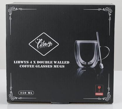 LIBWYS 4 Pack 250ml Double Walled Glass Coffee Mugs with 4 Spoons, Cappuccino Latte Tea Cups with Handle, Heat Resistant Drinking Glasses