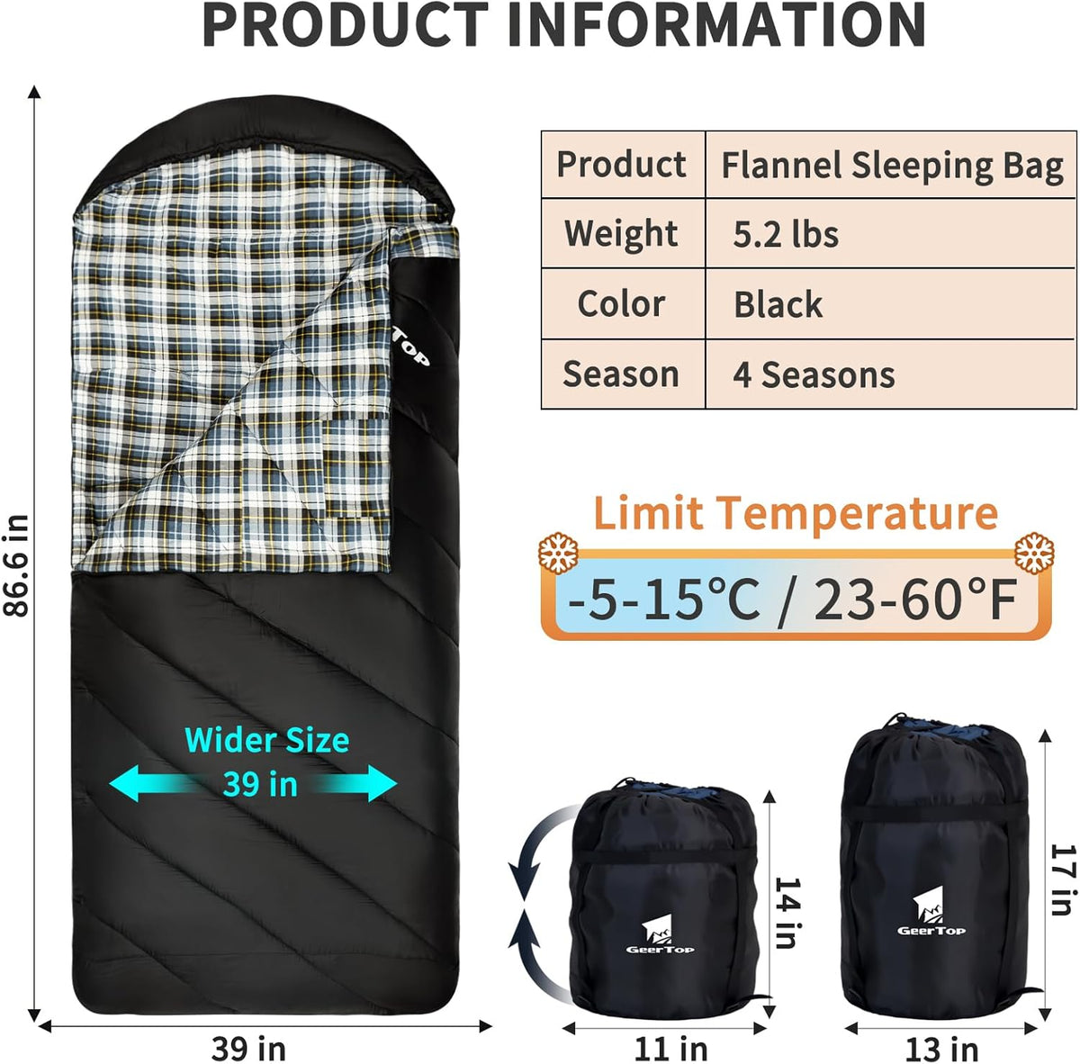 GEERTOP Flannel Sleeping Bag for Adults XXL 4 Season, 0 Degree Sleeping Bag for Winter Cold Weather