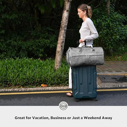 STOVER Garment Travel Duffle Bag, Large 2-in-1 Convertible Carry-on Luggage for Men & Women- Hanging Suits, Dresses & Clothes + Shoe Compartment- Weekender Tote Combo Duffel (Grey Leatherette)
