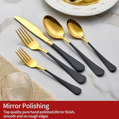 20-Piece Gold Silverware Set 18/0 Stainless Steel Flatware Black Handle Cutlery Set Service for 4 Dinner Knives Forks Spoons Set Mirror Finish Dishwasher Safe