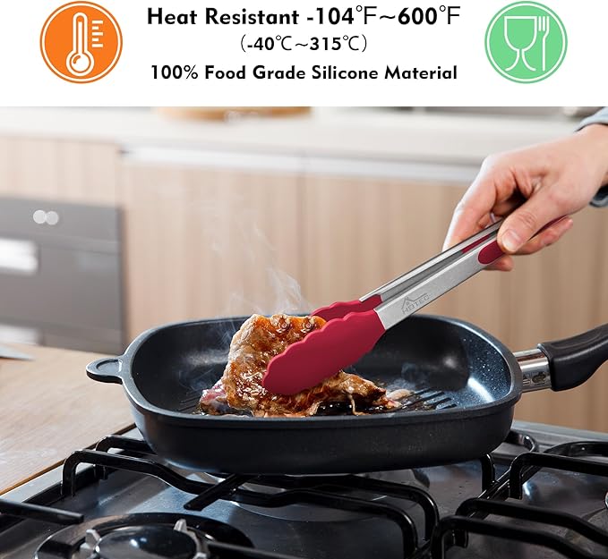 HOTEC Premium Stainless Steel Locking Kitchen Tongs with Silicon Tips, Set of 2-9" and 12"(Red)