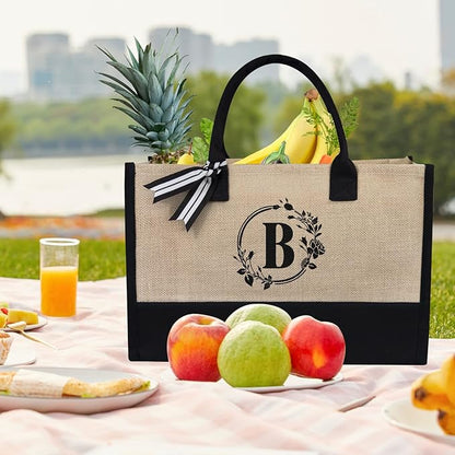 TOPDesign Personalized Initial Jute/Canvas Beach Bag, Monogrammed Gift Tote Bag for Women
