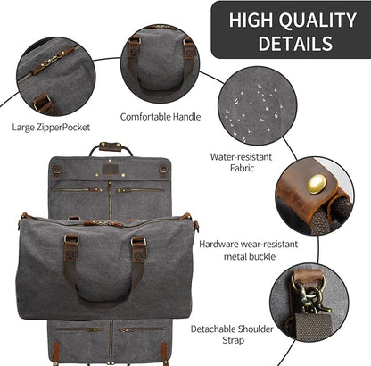 2 in 1 Canvas Leather Suit Luggage Garment Bag with Shoulder Strap for Travel and Business Trips (Grey)