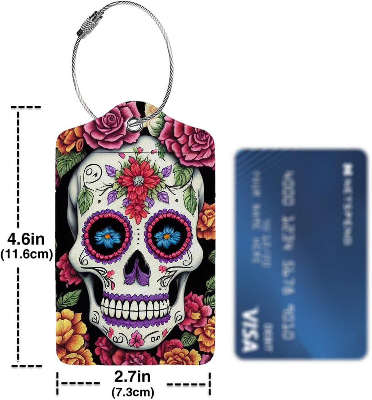 Skull Flower Diamond Art Luggage Tags for Suitcases,2 Pack Luggage Tag, Leather Stainless Steel Loop Label Tag for Women Girl Travel Bag Suitcase