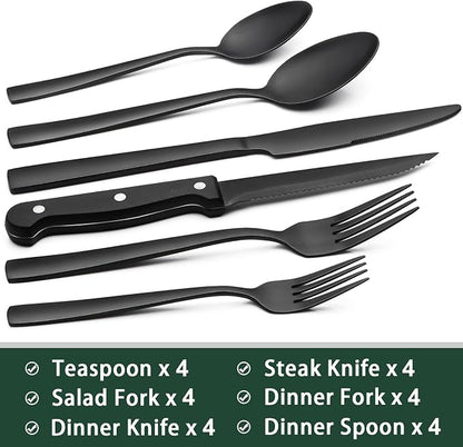 EWFEN 24-Piece Black Silverware Set