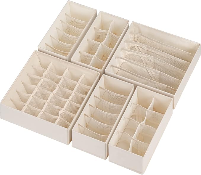 6 Pack Sock Underwear Drawer Organizer Dividers, 58 Cell Foldable Fabric Dresser Closet Organizers and Storage Bins for Clothing, Baby Clothes, Bra, Panty, Scarf, Ties (Beige)