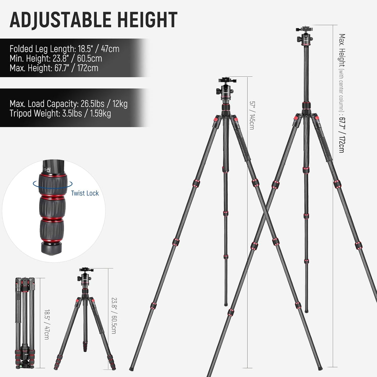 NEEWER 66"/168cm Carbon Fiber Tripod for Camera with 360° Panorama Ball Head, 1/4" Arca QR Plate, Portable Bag, Compact Travel Tripod Monopod for DSLR Video Camcorder, Max Load 26.5lb/12kg, N55C