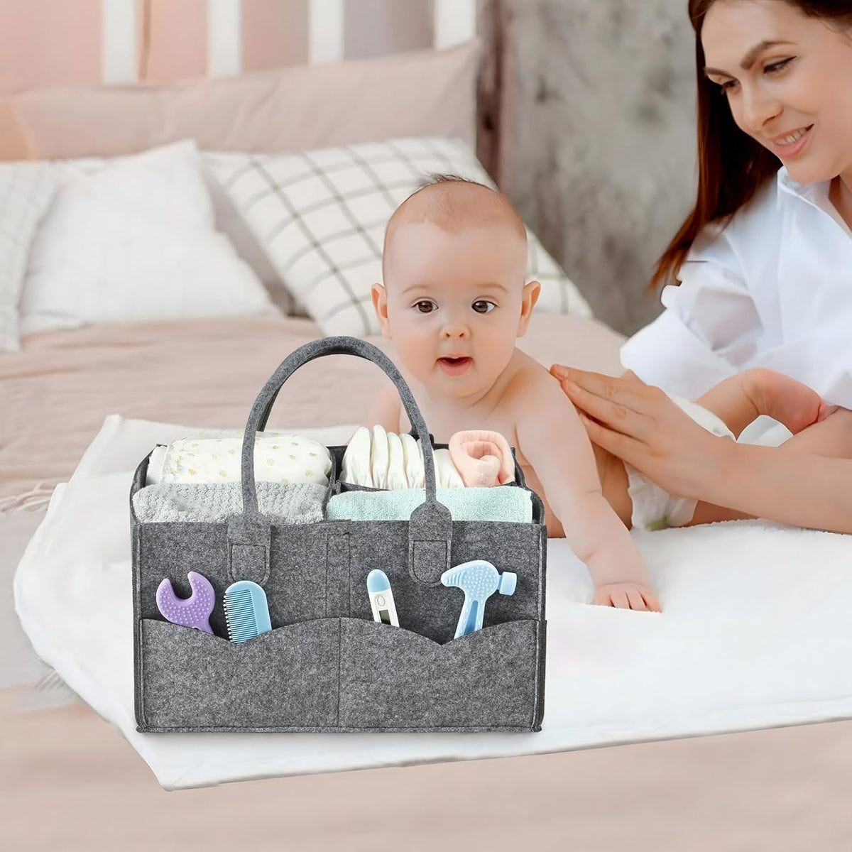 PandaEar Baby Diaper Caddy Organizer, Portable Travel Diaper Organizer, Nursery Caddy Basket with Divided Design